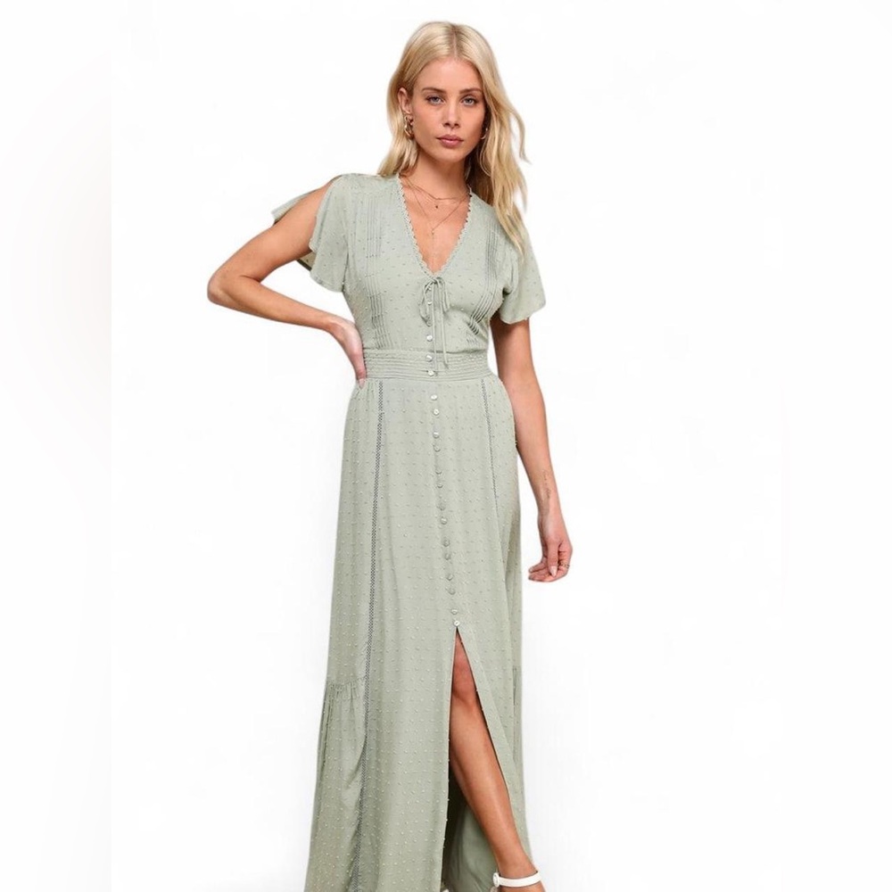 Lulu's Sage Button-Down Maxi Dress